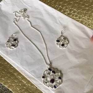 Silver tone necklace set, purple blue,green beads.